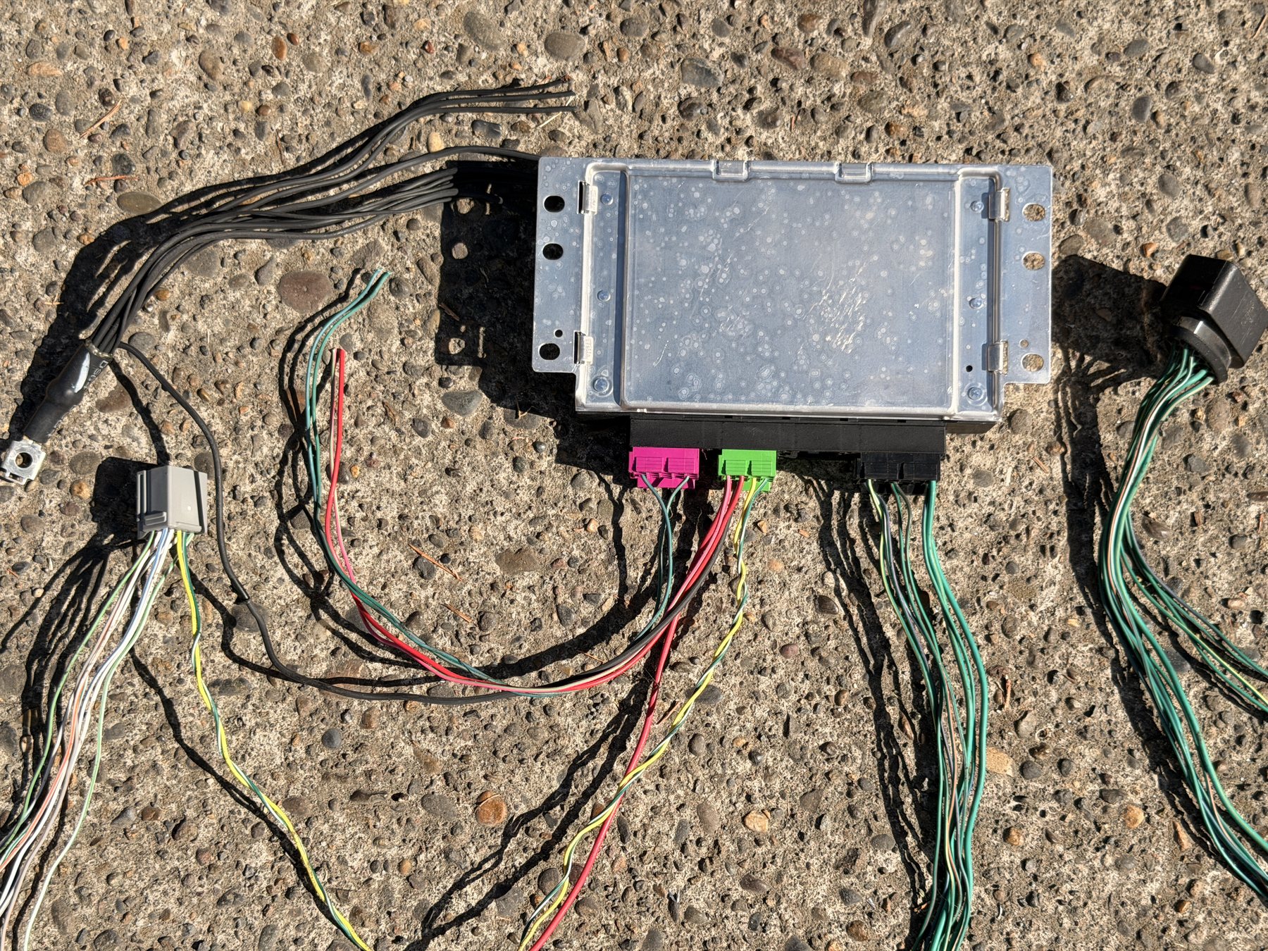 The completed eLSD harness laid out on the driveway with the Bosch control module attached