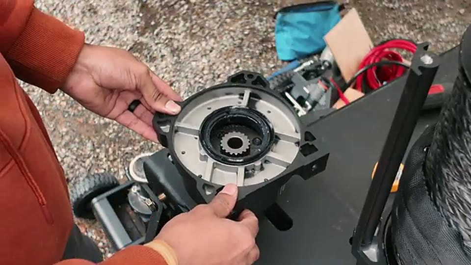 Carbon Off-Road winch gearbox exposed during the clutch-housing reorientation
